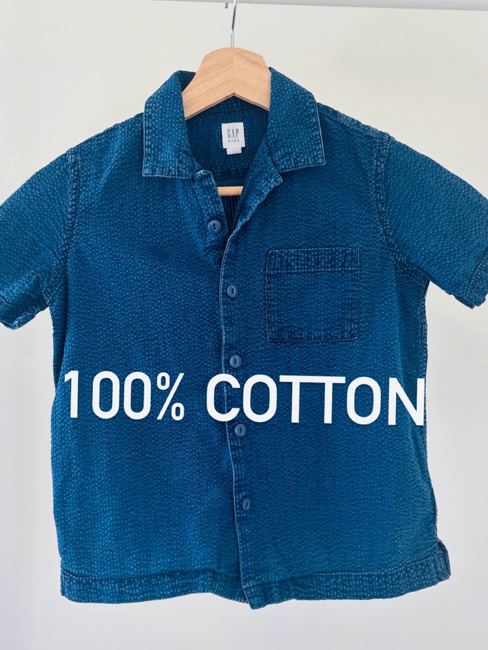 GAP Kids Indigo Textured Short-Sleeve Button-Down Shirt | 100% Cotton